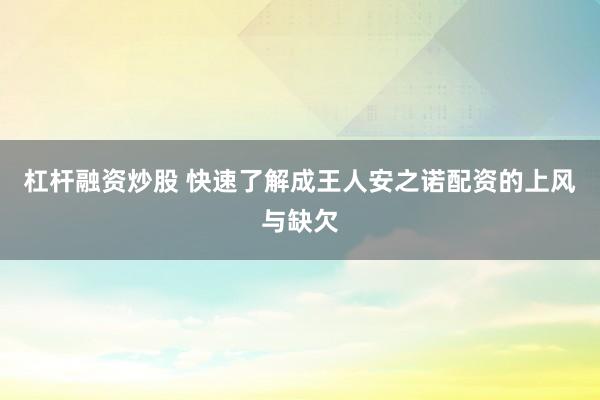杠杆融资炒股 快速了解成王人安之诺配资的上风与缺欠